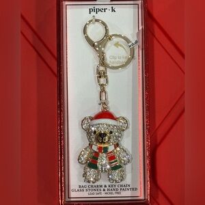 NIB Piper K Gold and Red sparkly Holiday Bear Keychain bag charm